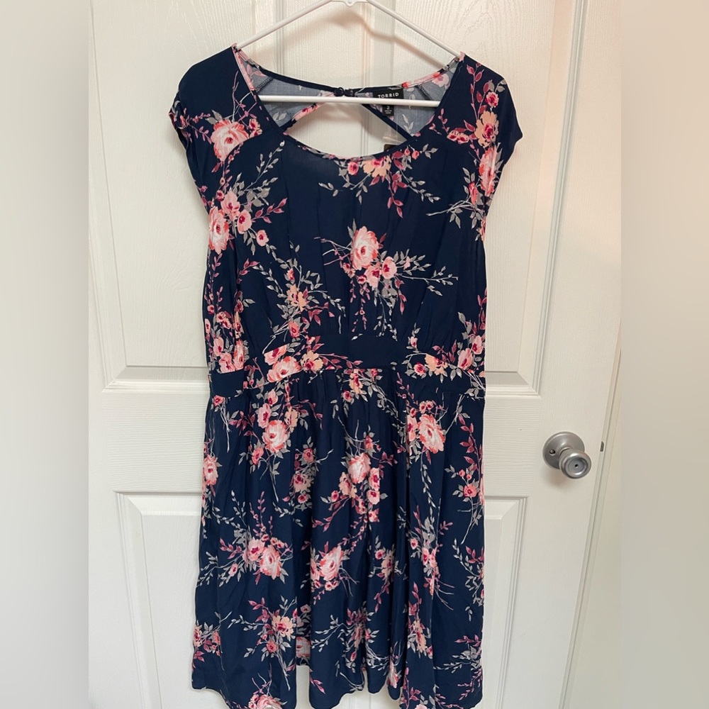 Torrid, Cap sleeve fit & flare dress, navy blue w/ pink & white flowers, size 2